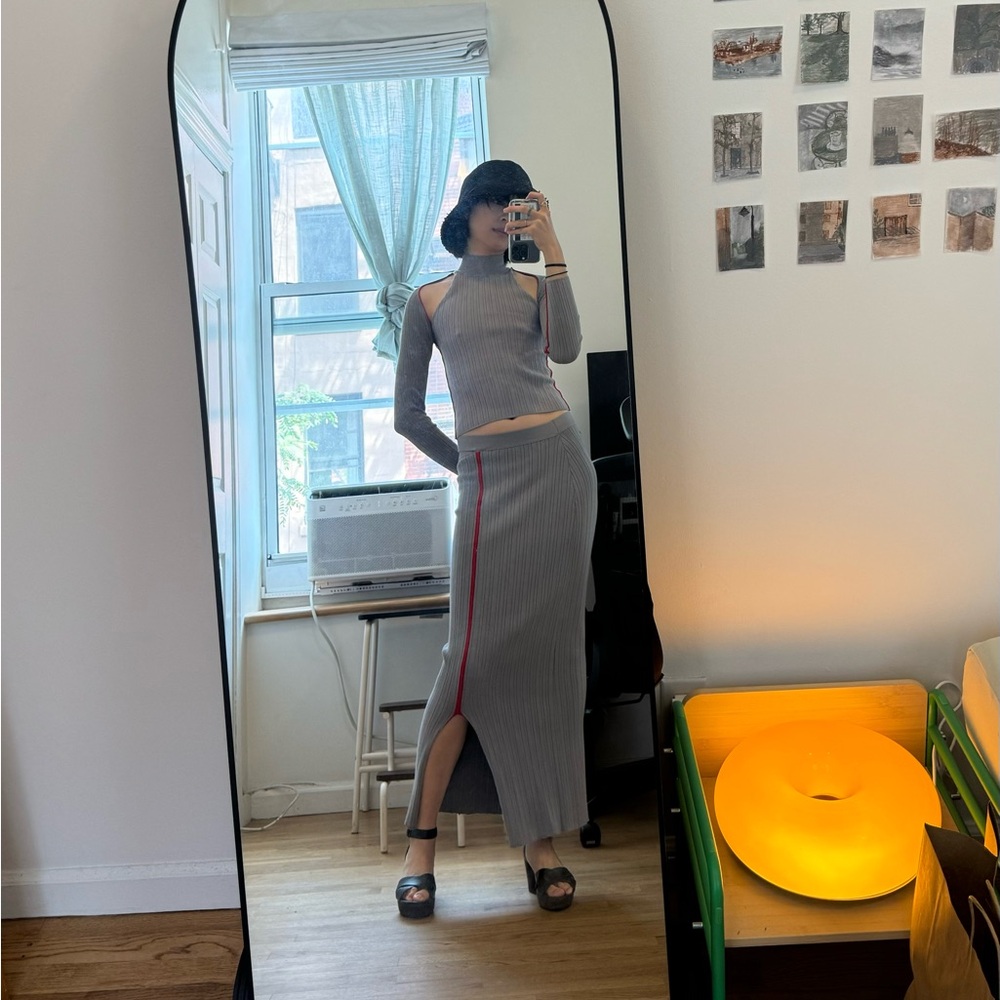 Eckhaus Latta Gray Pencil Skirt with Red Stripe